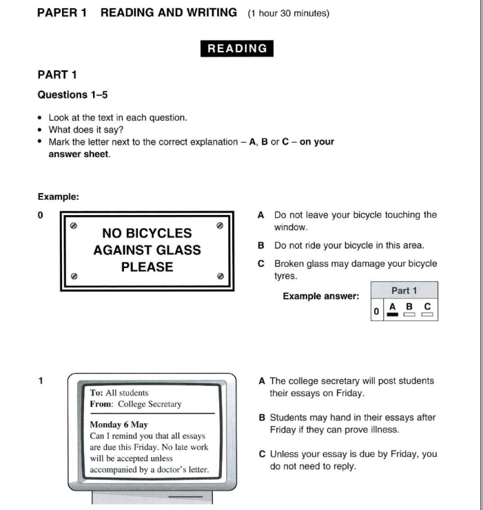 bai tap trong cambridge preliminary english test